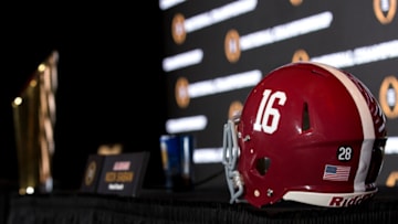 TAMPA, FL - JANUARY 8: A general view of the Alabama Crimson Tide Helmet during the Head Coaches News Confernce before the College Football Playoff National Championship Game at Tampa Convention Center on January 8, 2017 in Tampa, Florida. (Photo by Don Juan Moore/Getty Images)