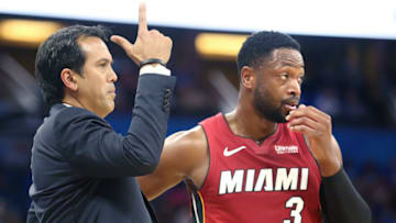 Miami Heat head coach Erik Spoelstra with guard Dwyane Wade during action against the Orlando Magic at the Amway Center in Orlando, Fla., on Wednesday, Oct. 17, 2018. The Magic won, 104-101. (Stephen M. Dowell/Orlando Sentinel/TNS via Getty Images)