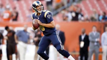 Aug 23, 2014; Cleveland, OH, USA; St. Louis Rams quarterback Sam Bradford (8) warms up before the game against the Cleveland Browns at FirstEnergy Stadium. Mandatory Credit: Rick Osentoski-USA TODAY Sports