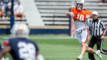 Auburn football quarterback Bo Nix (10) throws the ball during Auburn football A-Day spring game at Jordan-Hare Stadium in Auburn, Ala., on Saturday, April 17, 2021.