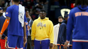Oct 30, 2021; New Orleans, Louisiana, USA; New Orleans Pelicans forward Zion Williamson walks onto the court at the end of their game against the New York Knicks at the Smoothie King Center. Mandatory Credit: Chuck Cook-USA TODAY Sports