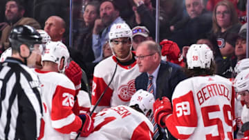 MONTREAL, QC - MARCH 12: Assistant coach for the Detroit Red Wings Dan Bylsma regroups his team in the third period against the Montreal Canadiens during the NHL game at the Bell Centre on March 12, 2019 in Montreal, Quebec, Canada. The Montreal Canadiens defeated the Detroit Red Wings 3-1. (Photo by Minas Panagiotakis/Getty Images)
