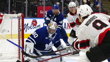 Sep 24, 2022; Toronto, Ontario, CAN; Ottawa Senators forward Josh Norris (9) scores a goal against Toronto Maple Leafs goaltender Keith Petruzzelli (80) during the third period at Scotiabank Arena. Mandatory Credit: John E. Sokolowski-USA TODAY Sports