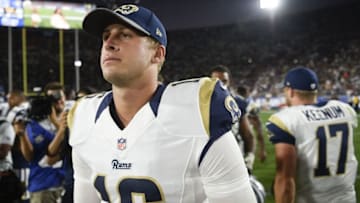 Aug 13, 2016; Los Angeles, CA, USA; Los Angeles Rams quarterback Jared Goff (16) walks on the field after the game against the Dallas Cowboys at Los Angeles Memorial Coliseum. The Los Angeles Rams won 28-24. Mandatory Credit: Kelvin Kuo-USA TODAY Sports