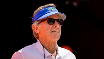 GAINESVILLE, FLORIDA - SEPTEMBER 18: Steve Spurrier looks on before the start of a game against the Alabama Crimson Tide at Ben Hill Griffin Stadium on September 18, 2021 in Gainesville, Florida. (Photo by James Gilbert/Getty Images)