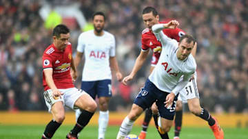 MANCHESTER, UNITED KINGDOM - OCTOBER 28: Ander Herrera of Manchester United and Nemanja Matic of Manchester United tackles Christian Eriksen of Tottenham Hotspur during the Premier League match between Manchester United and Tottenham Hotspur at Old Trafford on October 28, 2017 in Manchester, England. (Photo by Michael Regan/Getty Images)