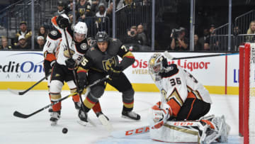 LAS VEGAS, NEVADA - OCTOBER 27: John Gibson #36 of the Anaheim Ducks saves a shot during the third period against the Vegas Golden Knights at T-Mobile Arena on October 27, 2019 in Las Vegas, Nevada. (Photo by David Becker/NHLI via Getty Images)