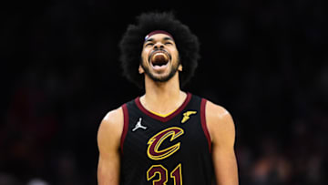Feb 26, 2022; Cleveland, Ohio, USA; Cleveland Cavaliers center Jarrett Allen (31) celebrates after a turnover during the second half against the Washington Wizards at Rocket Mortgage FieldHouse. Mandatory Credit: Ken Blaze-USA TODAY Sports