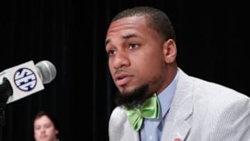 Jul 16, 2013; Hoover, AL, USA; Mississippi Rebels wide receiver Donte Moncrief talks with the media during the 2013 SEC football media days at the Hyatt Regency. Mandatory Credit: Marvin Gentry-USA TODAY Sports