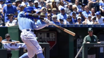 Kansas City Royals' Jon Jay connects on a solo home run in the third inning against the Oakland Athletics on Sunday, June 3, 2018, at Kauffman Stadium in Kansas City, Mo. (John Sleezer/Kansas City Star/TNS via Getty Images)