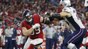 Dec 13, 2015; Houston, TX, USA; Houston Texans defensive end J.J. Watt (99) rushes against New England Patriots tackle Sebastian Vollmer (76) during the game at NRG Stadium. Mandatory Credit: Kevin Jairaj-USA TODAY Sports