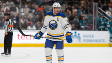 Feb 18, 2023; San Jose, California, USA; Buffalo Sabres right wing Kyle Okposo (21) during the first period against the San Jose Sharks at SAP Center at San Jose. Mandatory Credit: Stan Szeto-USA TODAY Sports