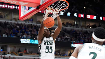 Nov 14, 2023; Chicago, Illinois, USA; Michigan State Spartans forward Coen Carr (55) dunks the ball against the Duke Blue Devils during the second half at United Center. Mandatory Credit: David Banks-USA TODAY Sports
