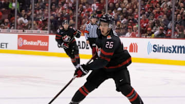 VANCOUVER, BC - JANUARY 2: Morgan Frost #26 of Canada skates with the puck in Quarterfinal hockey action of the 2019 IIHF World Junior Championship against Finland on January, 2, 2019 at Rogers Arena in Vancouver, British Columbia, Canada. (Photo by Rich Lam/Getty Images)