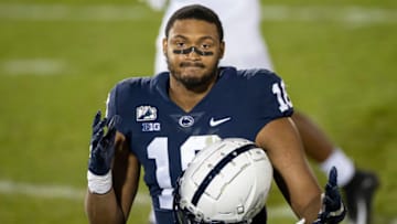 STATE COLLEGE, PA - NOVEMBER 7: Shaka Toney #18 of the Penn State Nittany Lions reacts after the game against the Maryland Terrapins at Beaver Stadium on November 7, 2020 in State College, Pennsylvania. (Photo by Scott Taetsch/Getty Images)