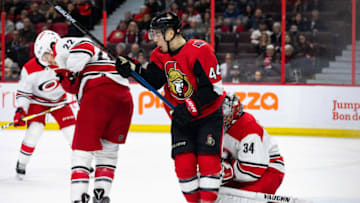 OTTAWA, ON - JANUARY 06: Ottawa Senators Center Jean-Gabriel Pageau (44) screens Carolina Hurricanes Goalie Petr Mrazek (34) during second period National Hockey League action between the Carolina Hurricanes and Ottawa Senators on January 6, 2019, at Canadian Tire Centre in Ottawa, ON, Canada. (Photo by Richard A. Whittaker/Icon Sportswire via Getty Images)