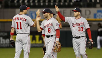 Jun 8, 2016; Chicago, IL, USA; Washington Nationals players celebrate 11-4 win against the Chicago White Sox at U.S. Cellular Field. Mandatory Credit: Kamil Krzaczynski-USA TODAY Sports