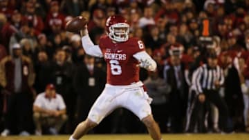 Nov 21, 2015; Norman, OK, USA; Oklahoma Sooners quarterback Baker Mayfield (6) throws during the first half against the TCU Horned Frogs at Gaylord Family - Oklahoma Memorial Stadium. Mandatory Credit: Kevin Jairaj-USA TODAY Sports