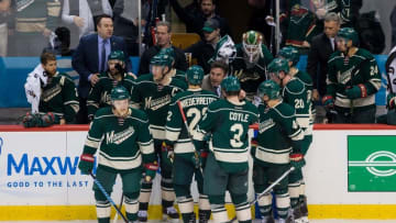 Apr 20, 2016; Saint Paul, MN, USA; Minnesota Wild interim head coach John Torchetti talks to his team during a tv timeout in the third period against the Dallas Stars in game four of the first round of the 2016 Stanley Cup Playoffs at Xcel Energy Center. The Dallas Stars beat the Minnesota Wild 3-2. Mandatory Credit: Brad Rempel-USA TODAY Sports