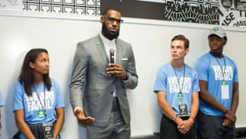 AKRON, OH - JULY 30: LeBron James addresses the media following the grand opening of the I Promise school on July 30, 2018 in Akron, Ohio. The new school is a partnership between the LeBron James Family foundation and Akron Public Schools. NOTE TO USER: User expressly acknowledges and agrees that, by downloading and/or using this Photograph, user is consenting to the terms and conditions of the Getty Images License Agreement. Mandatory Copyright Notice: Copyright 2018 NBAE (Photo by Allison Farrand/NBAE via Getty Images)