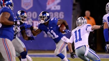 Oct 25, 2015; East Rutherford, NJ, USA; New York Giants cornerback Dominique Rodgers-Cromartie (41) returns an interception against the Dallas Cowboys during the NFL game at MetLife Stadium. Mandatory Credit: Robert Deutsch-USA TODAY Sports