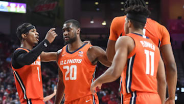 Jan 11, 2022; Lincoln, Nebraska, USA; Illinois Fighting Illini guard Trent Frazier (1) gathers guard Da'Monte Williams (20) and guard Alfonso Plummer (11) together during a break against the Nebraska Cornhuskers in the second half at Pinnacle Bank Arena. Mandatory Credit: Steven Branscombe-USA TODAY Sports