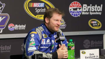 Apr 15, 2016; Bristol, TN, USA; NASCAR Sprint Cup Series driver Dale Earnhardt Jr. (88) speaks after practice for the Food City 500 at Bristol Motor Speedway. Mandatory Credit: Randy Sartin-USA TODAY Sports