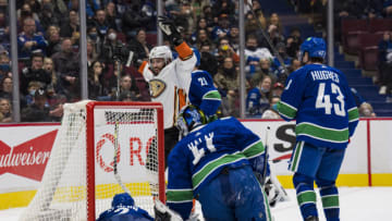 Feb 19, 2022; Vancouver, British Columbia, CAN; Anaheim Ducks forward Adam Henrique (14) celebrates his second goal of the game scored on Vancouver Canucks goalie Jaroslav Halak (41) in the second period at Rogers Arena. Mandatory Credit: Bob Frid-USA TODAY Sports