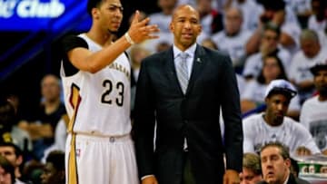 Apr 25, 2015; New Orleans, LA, USA; New Orleans Pelicans head coach Monty Williams talks with forward Anthony Davis (23) during the first half in game four of the first round of the NBA Playoffs against the Golden State Warriors at the Smoothie King Center. Mandatory Credit: Derick E. Hingle-USA TODAY Sports