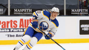 UNIONDALE, NEW YORK - FEBRUARY 22: Cody Eakin #20 of the Buffalo Sabres skates against the New York Islanders at the Nassau Coliseum on February 22, 2021 in Uniondale, New York. (Photo by Bruce Bennett/Getty Images)