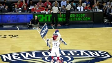 Oct 30, 2013; New Orleans, LA, USA; New Orleans Pelicans mascot Pierre the Pelican performs for the crowd during the second half of a game against the Indiana Pacers at New Orleans Arena. The Pacers defeated the Pelicans 95-90. Mandatory Credit: Derick E. Hingle-USA TODAY Sports