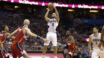 Jan 9, 2016; Orlando, FL, USA; Orlando Magic guard Evan Fournier (10) shoots during the second half against the Washington Wizards at Amway Center. The Washington Wizards won 105-99. Mandatory Credit: Reinhold Matay-USA TODAY Sports