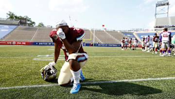 BIRMINGHAM, ALABAMA - MAY 01: Reggie Corbin #3 of Michigan Panthers takes a moment after the Michigan Panthers defeated the Pittsburgh Maulers 24-0 at Protective Stadium on May 01, 2022 in Birmingham, Alabama. (Photo by Douglas DeFelice/USFL/Getty Images)