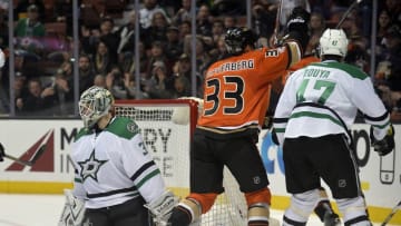January 10, 2017; Anaheim, CA, USA; Anaheim Ducks right wing Jakob Silfverberg (33) celebrates his power play goal scored against the Dallas Stars during the second period at Honda Center. Mandatory Credit: Gary A. Vasquez-USA TODAY Sports