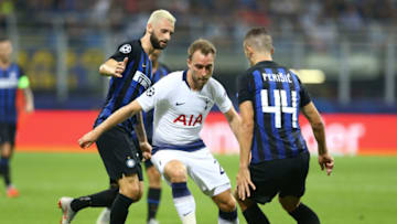 FC Internazionale Milano v Tottenham Hotspur FC - UEFA Champions League Group BChristian Eriksen of Tottenham Hotspur between Marcelo Brozovic of FC Internazionale and Ivan Perisic of FC Internazionale at San Siro Stadium in Milan, Italy on September 18, 2018.(Photo by Matteo Ciambelli/NurPhoto via Getty Images)