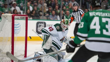 Apr 14, 2016; Dallas, TX, USA; Minnesota Wild goalie Devan Dubnyk (40) stops a shot by Dallas Stars right wing Valeri Nichushkin (43) during the second period in game one of the first round of the 2016 Stanley Cup Playoffs at American Airlines Center. Mandatory Credit: Jerome Miron-USA TODAY Sports