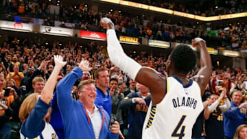 INDIANAPOLIS, IN - DECEMBER 10: Victor Oladipo #4 of the Indiana Pacers celebrates with fans after defeating the Denver Nuggets at Bankers Life Fieldhouse on December 10, 2017 in Indianapolis, Indiana. NOTE TO USER: User expressly acknowledges and agrees that, by downloading and or using this photograph, User is consenting to the terms and conditions of the Getty Images License Agreement. (Photo by Michael Hickey/Getty Images)