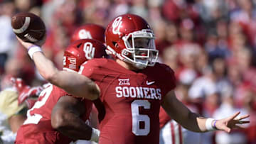 Nov 12, 2016; Norman, OK, USA; Oklahoma Sooners quarterback Baker Mayfield (6) passes the ball against the Baylor Bears during the first quarter at Gaylord Family - Oklahoma Memorial Stadium. Mandatory Credit: Mark D. Smith-USA TODAY Sports