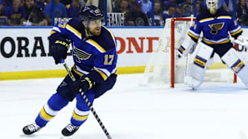 May 23, 2016; St. Louis, MO, USA; St. Louis Blues left wing Jaden Schwartz (17) skates with the puck against the San Jose Sharks in game five of the Western Conference Final of the 2016 Stanley Cup Playoffs at Scottrade Center. Mandatory Credit: Billy Hurst-USA TODAY Sports