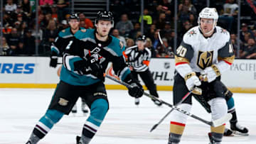 ANAHEIM, CA - MARCH 1: Brendan Guhle #2 of the Anaheim Ducks and Ryan Carpenter #40 of the Vegas Golden Knights skate during the game on March 1, 2019 at Honda Center in Anaheim, California. (Photo by Debora Robinson/NHLI via Getty Images)