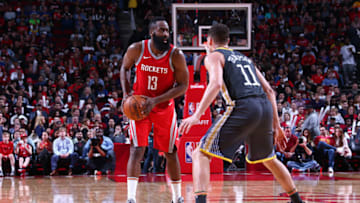 HOUSTON, TX - JANUARY 20: James Harden #13 of the Houston Rockets handles the ball during the game against the Golden State Warriors on January 20, 2018 at the Toyota Center in Houston, Texas. NOTE TO USER: User expressly acknowledges and agrees that, by downloading and or using this photograph, User is consenting to the terms and conditions of the Getty Images License Agreement. Mandatory Copyright Notice: Copyright 2018 NBAE (Photo by Nathaniel Butler/NBAE via Getty Images)