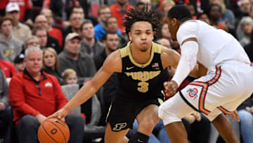COLUMBUS, OH - JANUARY 23: Carsen Edwards #3 of the Purdue Boilermakers attempts to drive around Luther Muhammad #1 of the Ohio State Buckeyes in the second half on January 23, 2019 at Value City Arena in Columbus, Ohio. Purdue defeated Ohio State 79-67. (Photo by Jamie Sabau/Getty Images)