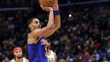 Apr 10, 2022; New Orleans, Louisiana, USA; Golden State Warriors guard Jordan Poole (3) shoots a free throw against the New Orleans Pelicans during the first half at the Smoothie King Center. Mandatory Credit: Stephen Lew-USA TODAY Sports