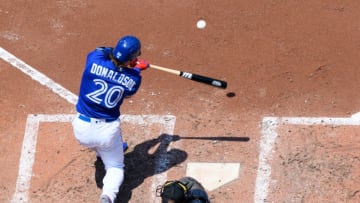 TORONTO, ON - MAY 24: Toronto Blue Jays Third base Josh Donaldson (20) bats during the MLB regular season game between the Toronto Blue Jays and the Los Angeles Angels on May 24, 2018, at Rogers Centre in Toronto, ON, Canada. (Photograph by Julian Avram/Icon Sportswire via Getty Images)