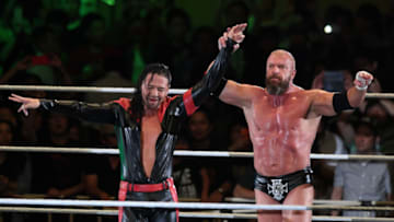 TOKYO,JAPAN - JUNE 29: Shinsuke Nakamura and Triple H celebrate the victory during the WWE Live Tokyo at Ryogoku Kokugikan on June 29, 2019 in Tokyo, Japan. (Photo by Etsuo Hara/Getty Images)