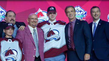 VANCOUVER, BC - JUNE 21: Bowen Byram poses for a photo onstage after being selected fourth overall by the Colorado Avalanche during the first round of the 2019 NHL Draft at Rogers Arena on June 21, 2019 in Vancouver, British Columbia, Canada. (Photo by Derek Cain/Icon Sportswire via Getty Images)
