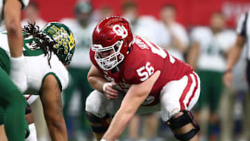 Dec 7, 2019; Arlington, TX, USA; Oklahoma Sooner center Creed Humphrey (56) prepares to snap the ball against the Baylor Bears in the 2019 Big 12 Championship Game at AT&T Stadium. Mandatory Credit: Matthew Emmons-USA TODAY Sports