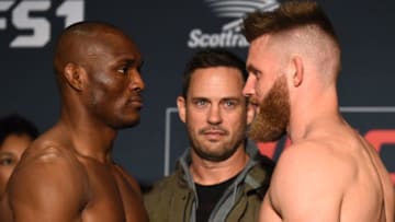 ST. LOUIS, MO - JANUARY 13: (L-R) Opponents Kamaru Usman of Nigeria and Emil Meek of Norway face off during the UFC Fight Night weigh-in on January 13, 2018 in St. Louis, Missouri. (Photo by Josh Hedges/Zuffa LLC/Zuffa LLC via Getty Images)