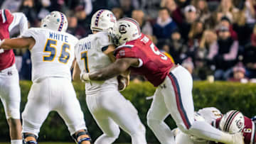Nov 17, 2018; Columbia, SC, USA; South Carolina Gamecocks defensive lineman Keir Thomas (5) sacks Chattanooga Mocs quarterback Nick Tiano (7) in the first half at Williams-Brice Stadium. Mandatory Credit: Jeff Blake-USA TODAY Sports