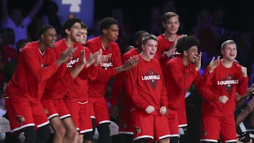 Nov 25, 2016; Paradise Island, BAHAMAS; Louisville Cardinals bench reacts during the first half against the Baylor Bears in the 2016 Battle 4 Atlantis championship game in the Imperial Arena at the Atlantis Resort. Mandatory Credit: Kevin Jairaj-USA TODAY Sports